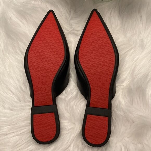 Riveted Black Gold Pointed Toe Flat Mules Shoes - Picture 9 of 15